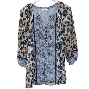 DRESSBARN Blue Leopard Print Peasant Blouse Large Shimmer Womens Top